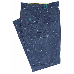 Mens Gurkha Pants 38 Blue Floral Cotton Denim Trousers Straight Fit Flat Front